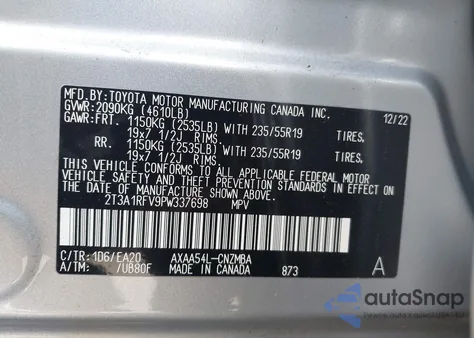 2023 Toyota Rav4 Xle Premium z USA, uszkodzony, nr VIN 2T3A1RFV9PW337698